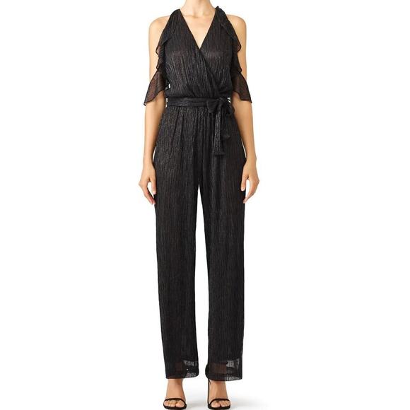 Waverly Grey Wrap Jumpsuit Pleated Metallic Cold Shoulder Straight Leg Black XS - Picture 1 of 8